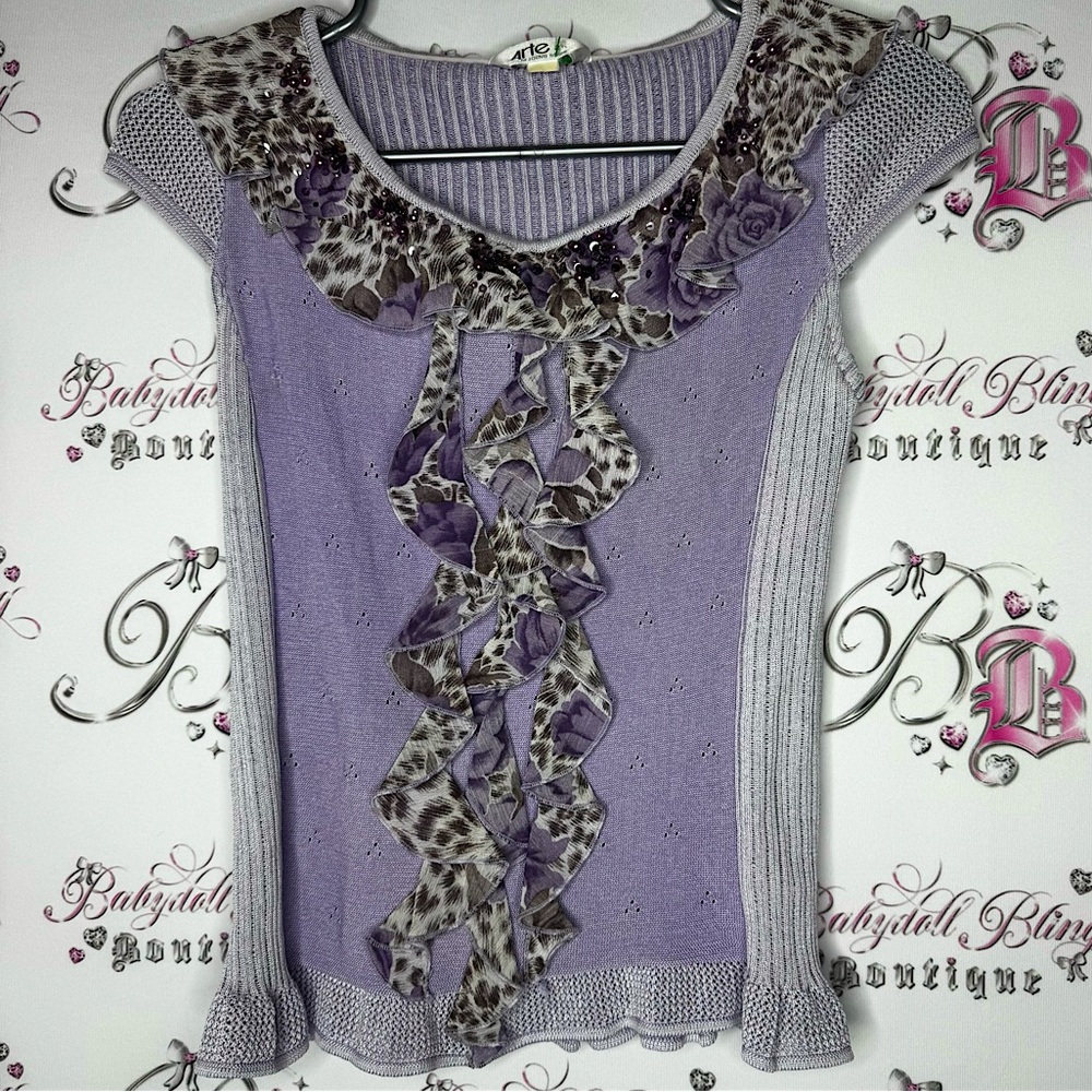Arte shirt purple cheetah print beaded embroidery ruffle frills stretchy y2k